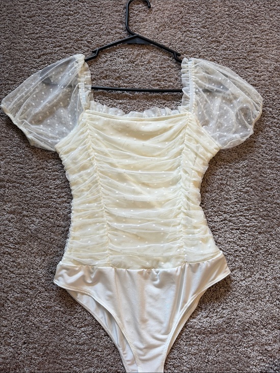 Altar'd State Tops - Altar'd State Ivory Sheer Swiss Dot Puff-Sleeve Bodysuit